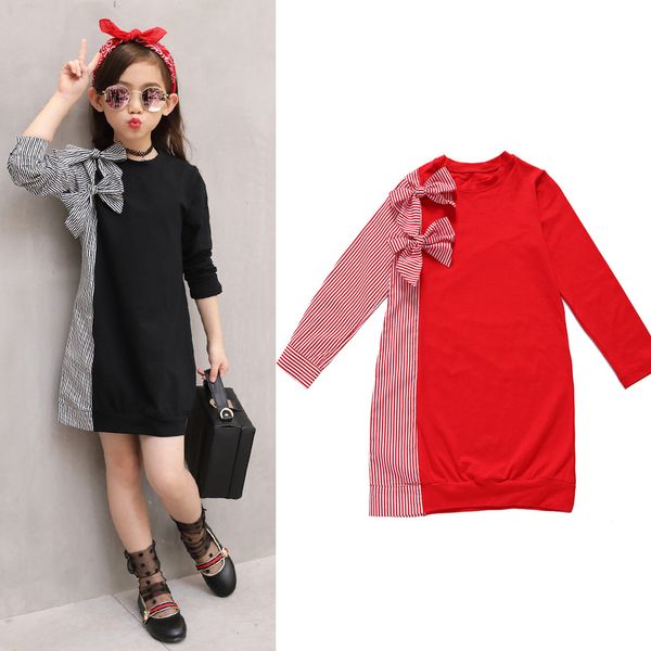 

big girls dress autumn children's clothing bow tie stitching stripes shirt long sleeve dress for girls, Red;yellow