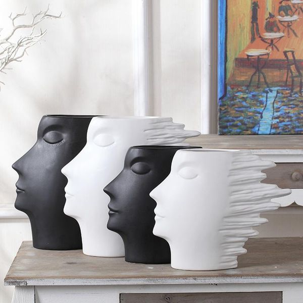 Head Sculpture Vase Black White Ceramic Crafts Of Creative Modern
