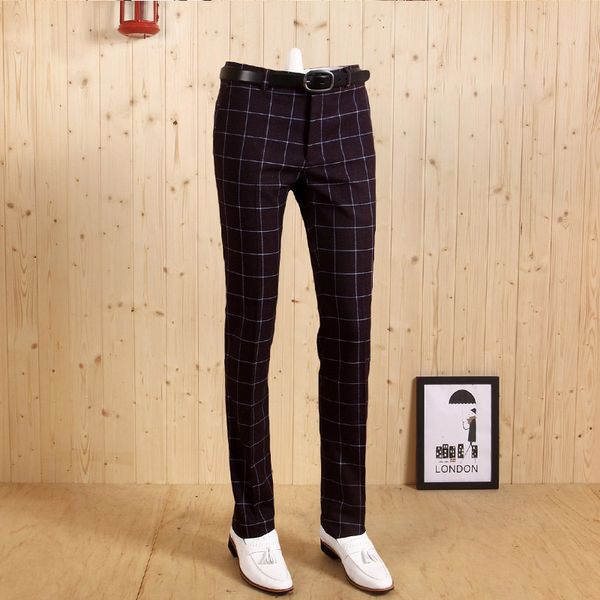 

2017 men deep blue purple green plaid slim business gentleman zipper suits long pant wedding groom casual pants, White;black