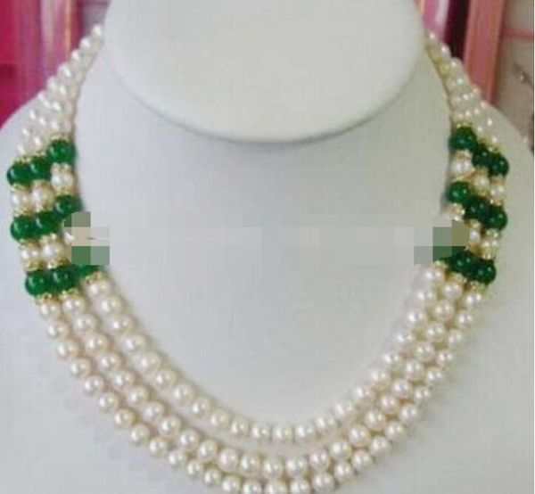 

3 rows real white 7-8mm pearl green crystal clasp necklace 17-19", Silver