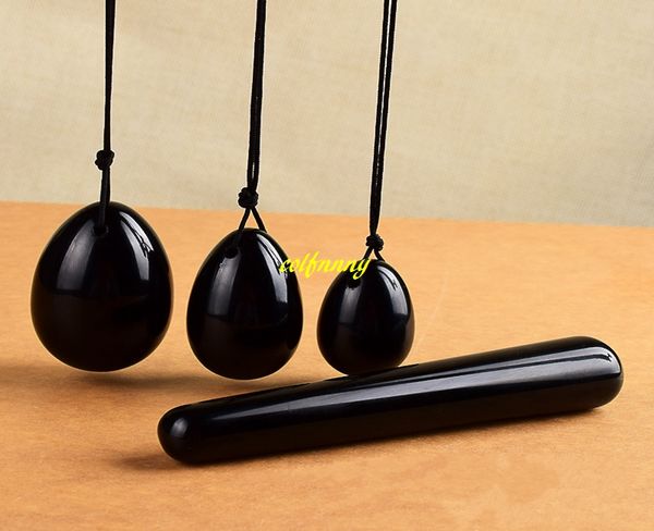 20 Sets gebohrtes natürliches schwarzes Obsidian-Yoni-Ei + Zauberstab für Kegel-Übungen, Beckenboden, Vaginalmuskel-Übungsgerät, Jade-Ei-Massage