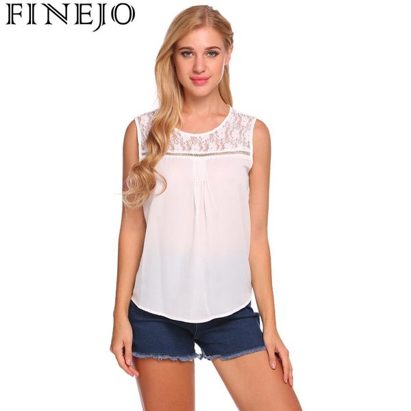 

finejo fashion o-neck sleeveless lace patchwork tank women, White