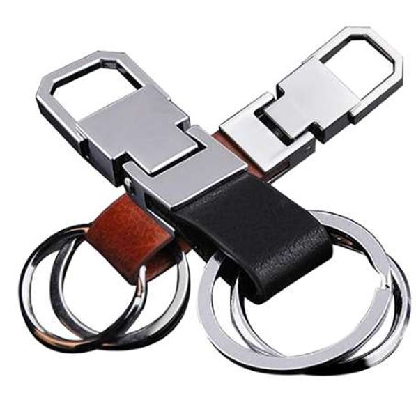 

fashion dual double ring genuine leather strap keyring car keychain key fob, Slivery;golden