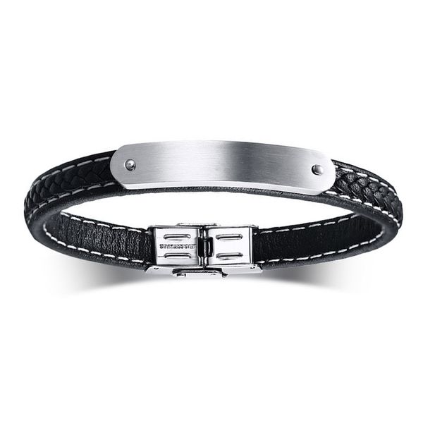 

fashion male jewelry 9mm wide stainless steel wrap bracelet men's black genuine leather bracelets & bangles birthday gifts, White