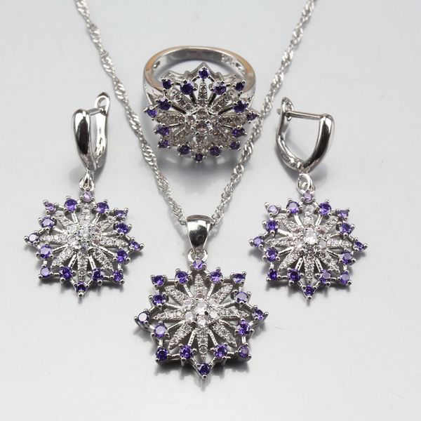 

amazing 6-color snowflake style jewelry sets purple zircon 925 sterling silver earrings pendant necklace ring size 6/7/8/9/10, Slivery;golden