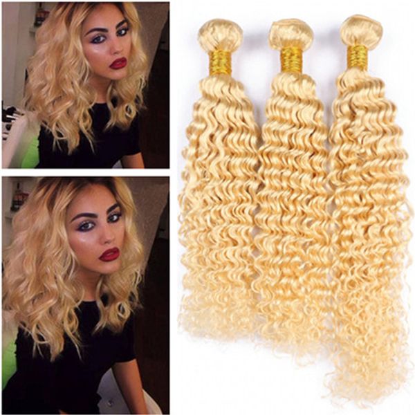 Golden Blonde Brazilian Human Hair Weaves Extensions Deep Wave