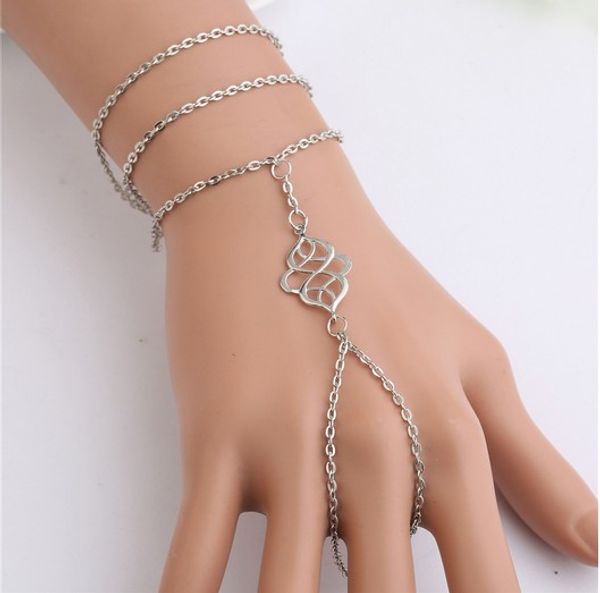 

bohemian harness hand chain bangle slave chain cut out totem silver tone hand bracelets finger ring bracelets, Black