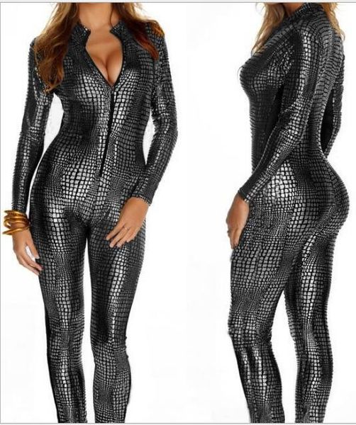 

горячий продавать европейский сексуальный искусственной кожи змеиная кожа комбинезон передняя молния с длинным рукавом 3 цвета боди спандекс, Black