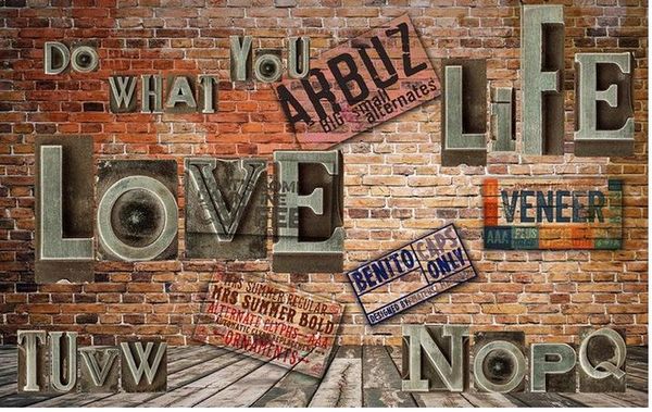 Personalizado 3D Photo Wall paper Retro Brick Wall Letras 3D Vintage Stereo TV fundo Wall Art Mural por grande sala de estar casa Pintura De