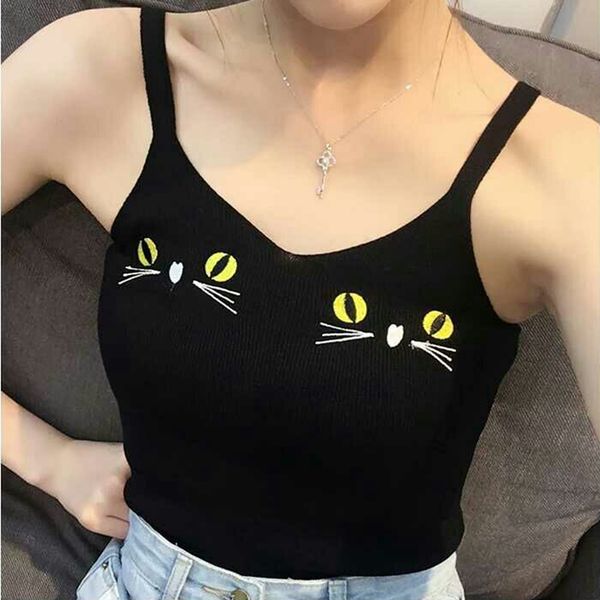 

shugo wynne halter 2018 summer new women tank slim knitted sleeveless embroidery black white bustier crop