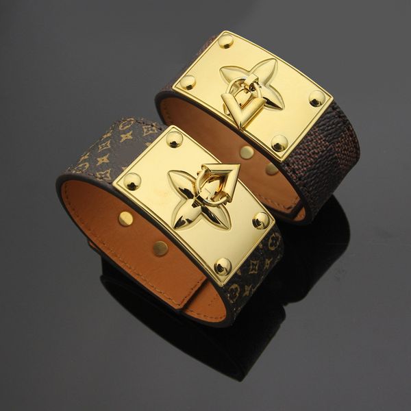 

Titanium steel Geniune leather Bracelet with metal clasp V shape Brown flower chram bracelet width 2.5CM gold bangle for women fine jewelry