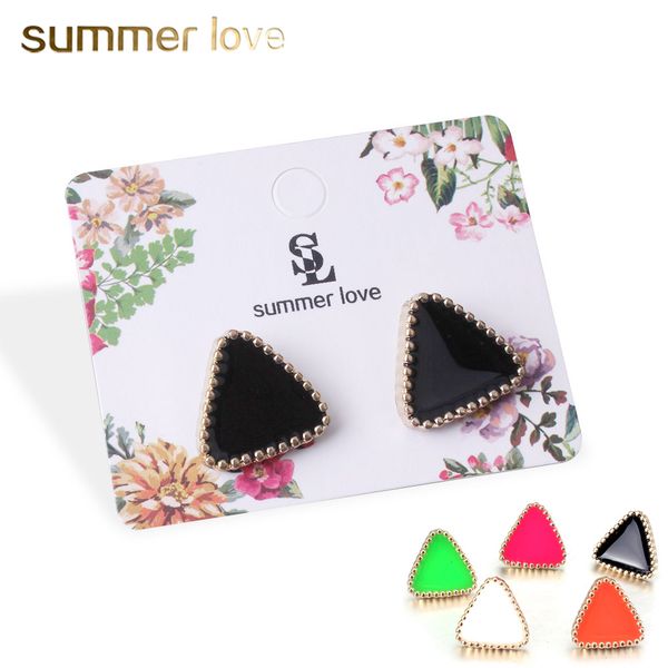 

6 color sweet pink green enamel stud earring for woman kid girl ear accessories cute geometry triangle earings for girl statement jewelry, Golden;silver