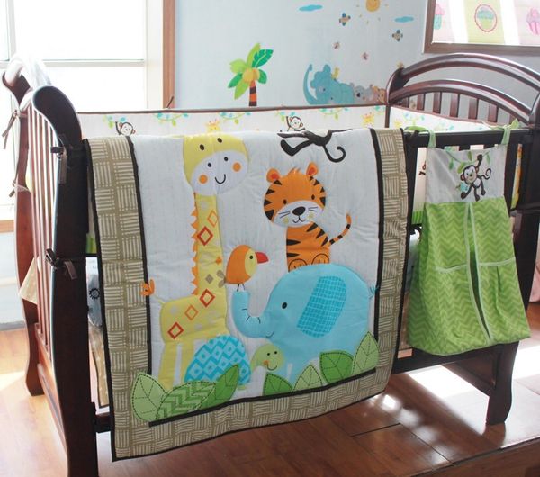 New Baby Bedding Set Crib For Infant Cot Embroidery Forest Animal Elephant Giraffe Tiger Bird Flowers Childrens Double