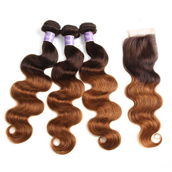 

4/30 ombre colored human hair weave 3 bundles bundle with closure body wave brazilian 4x4 lace closure brown auburn colors, Black;brown