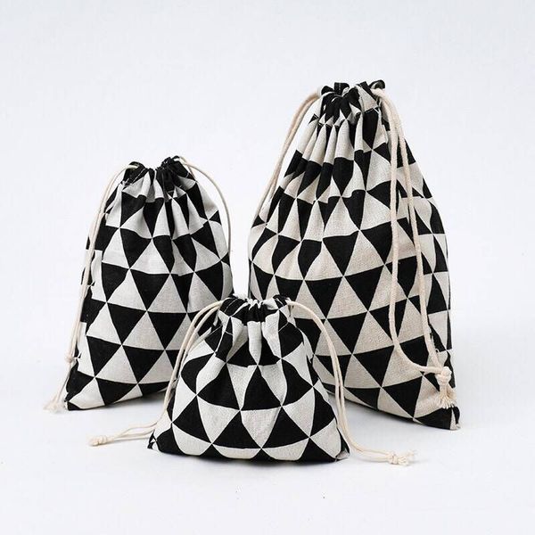 

yile black geometry cotton linen drawstring coin key phone pouch organized bag 8614c