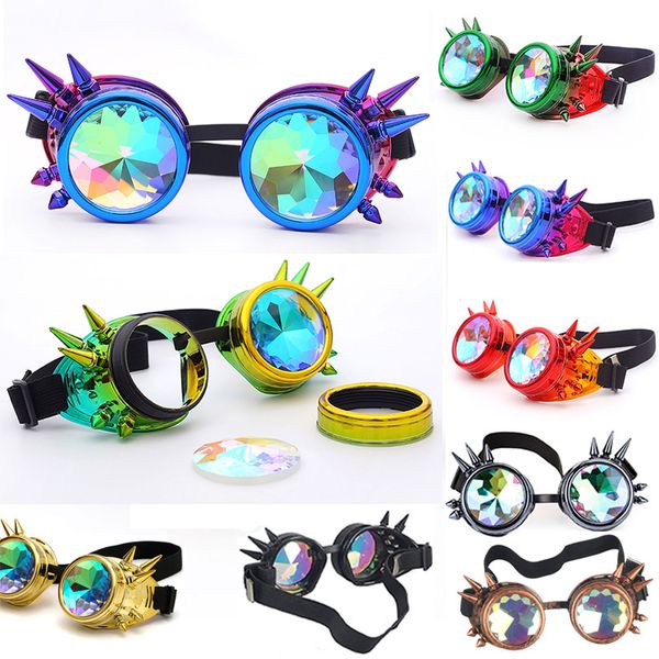 

men women rivet steampunk goggles kaleidoscope rainbow crystal lenses cosplay vintage glasses welding gothic cool eyewear, White;black