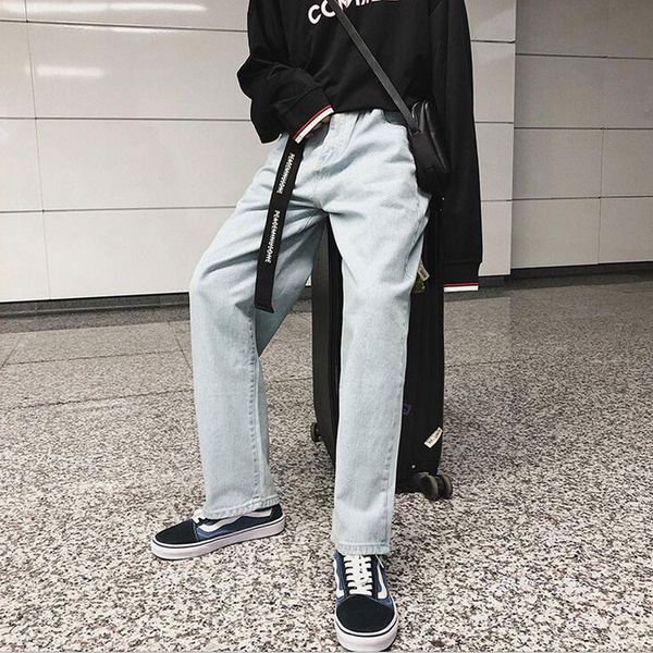 

fashion men's loose straight jeans pants retro design man casual wide trousers korean boyfriend style male long jeans, Blue