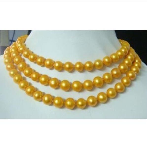 

beautiful 49 inch 9-10mm natural south sea gold pearl necklace yellow clasp, Silver