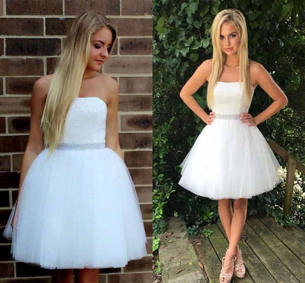 

white strapless short homecoming dresses sequins beaded tulle short party dresses prom dresses fast shipping zipper up, Blue;pink