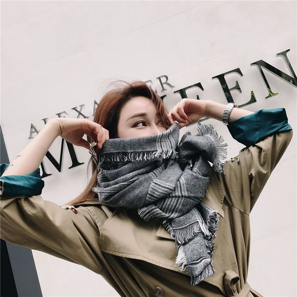 

fashion brand winter women thick scarves plaid imitated cashmere lady collar warm thick striped scarf female shawl tassels wraps, Blue;gray