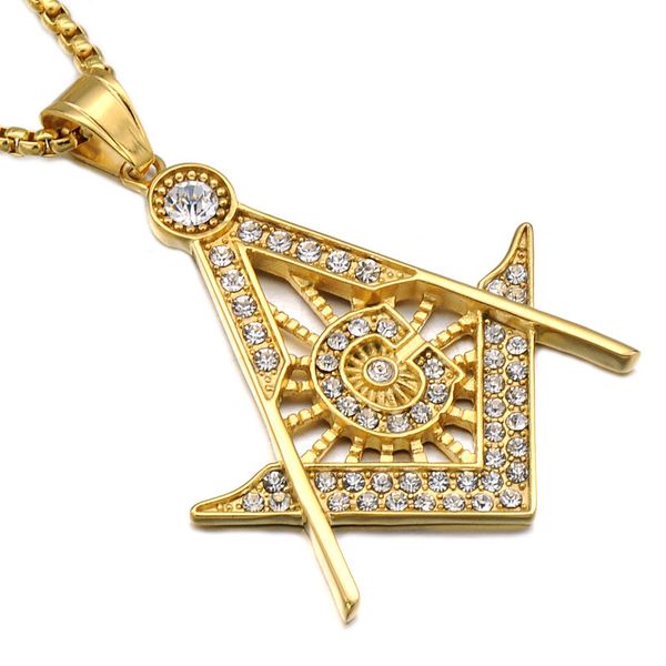 

stainless steel masonic symbol necklaces men s micro pave rhinestone pendant gold & silver plated titanium chains for women punk jewelry