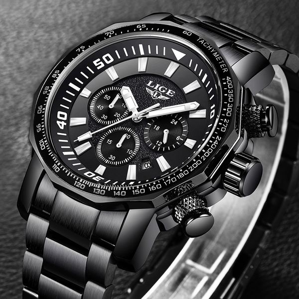 

relojes hombre lige mens watches 24 hour date business quartz watch men full steel big dail waterproof clock, Slivery;brown