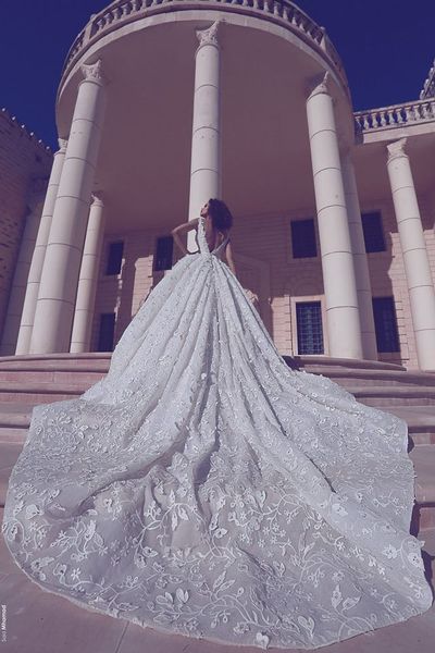 

new arrival luxury lace wedding dresses deep v neck applique chapel train wedding dress backless bridal gowns gowns, White