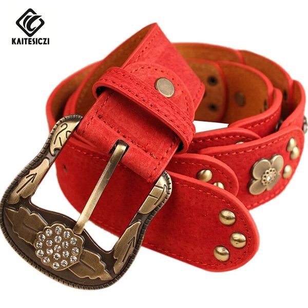 

kaitesiczi] belt female all-match fashion rivet strap women's genuine leather strap women pin buckle belt 2017 new 100% cowhid, Black;brown