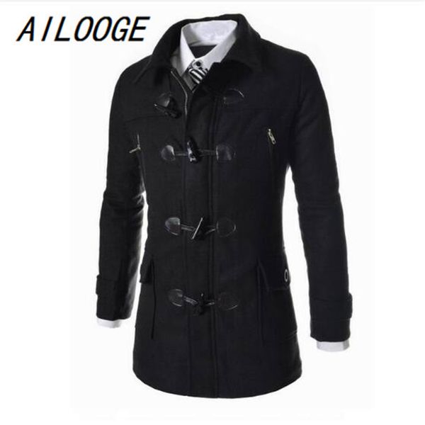 

ailooge winter men's woolen horn button coats casual overcoat fashion wool coat men windbreaker jacket peacoat, Black