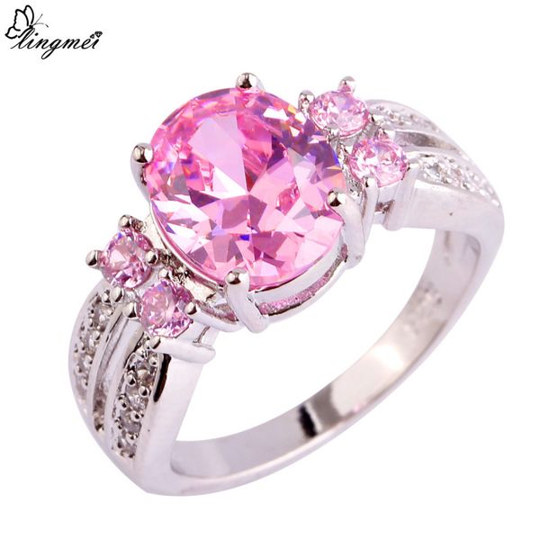

lingmei nice fashion jewelry pink & white cz silver color ring sweet women engagement size 6 7 8 9 10 11 cubic zirconiawholesale, Slivery;golden