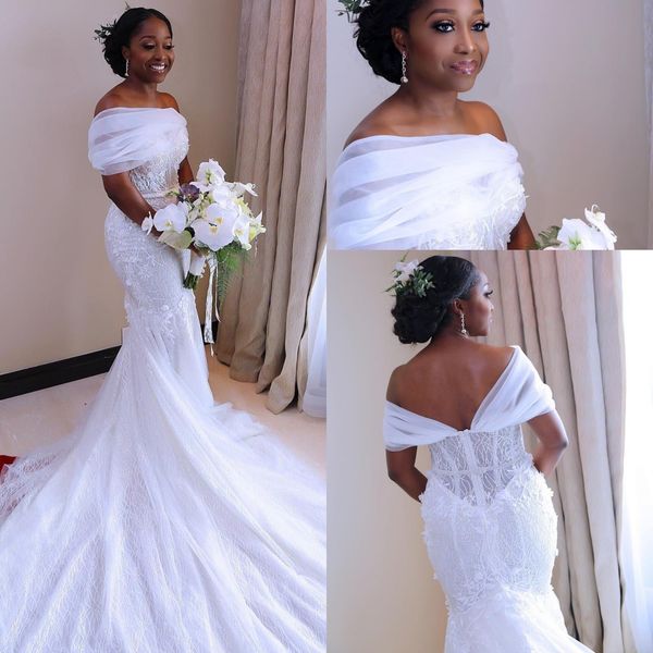 

luxury gorgeous lace wedding dresses african nigerian off shoulders mermaid lace appliqued bridal gowns arabic wedding gowns, White