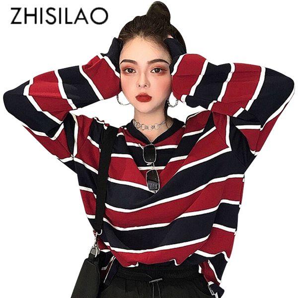 

harajuku autumn spring stripe women t-shirt plus size punk casual chic long sleeve tshirt oversize women shirts streetwear, White