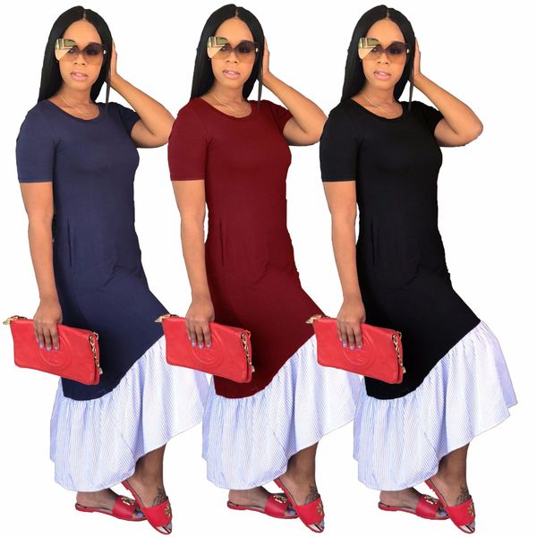 

summer women long maxi dress plus size new casual loose patchwork party bodycon dresses vestidos robe femme, Black;gray