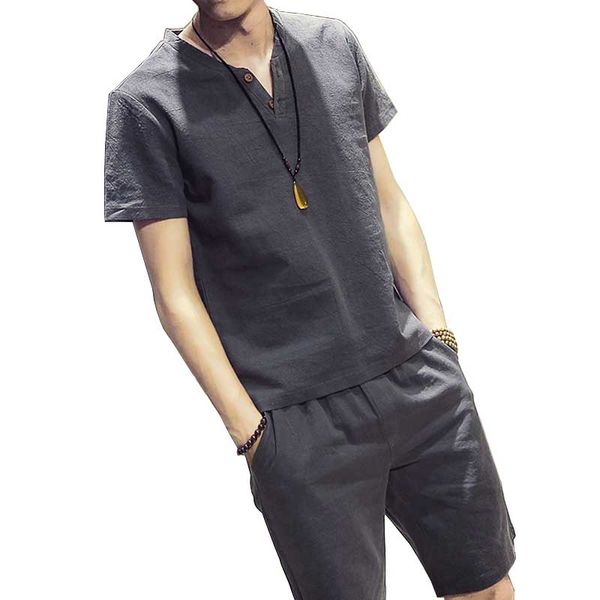 

summer fashion 2 piece set t shirt and shorts tracksuit men casual t-shirt short sleeve cotton linen tshirts suits, Gray