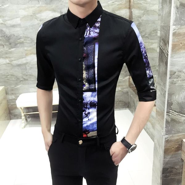

2018 summer fashion smart casual male shirt turn-down collar men pure cotton patchwork printing leisure chemise homme youth, White;black