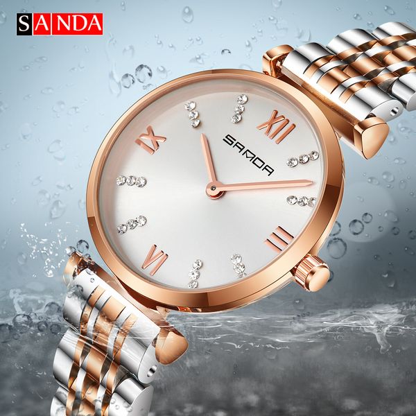 

sanda women diamond watch luxury female simple stainless steel strap waterproof ladies girls quartz wristwatches reloj muje, Slivery;brown
