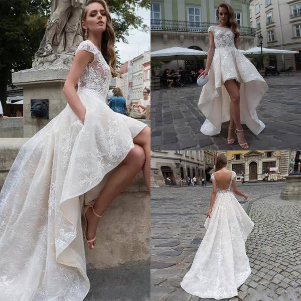 

дизайнер фронт короткий назад длинный полный кружева летний пляж свадебные платья scoop cap с коротким рукавом страна sexy backless фотограф, White