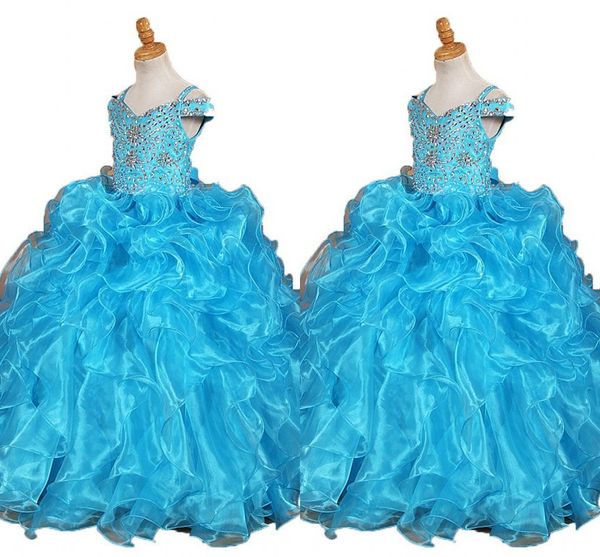 Abiti da spettacolo con volant per bambine Spalle fredde che bordano paillettes di cristallo Organza Abiti per occasioni speciali Abito da ragazza di fiori per bambini