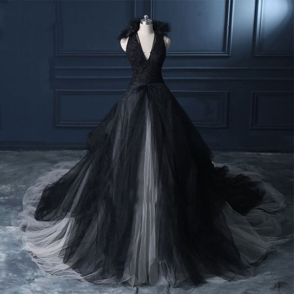 

vintage 2019 black and white ivory wedding dress gothic v neck sleeveless lace appliques tulle skirt bridal gowns ruffles