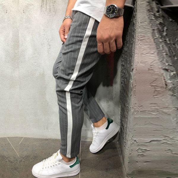 

men's streetwear pants casual side stripes ankle fashion checkered slim fit street trousers kduuw, Black
