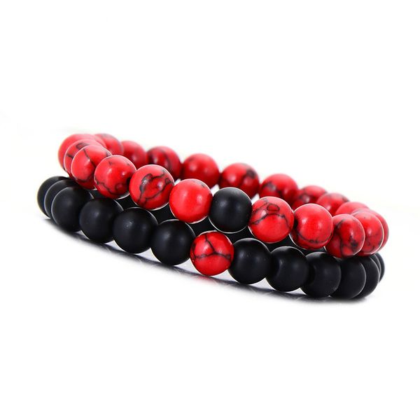 

8mm natural beaded bracelet set couple jewelry red & black lava stone stretch bracelets women mens yoga jewelry