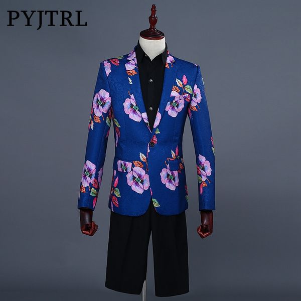 

wholesale-pyjtrl men fashion royal blue jacquard floral print suits slim fit wedding groom stage singer costume latest coat pant designs, White;black
