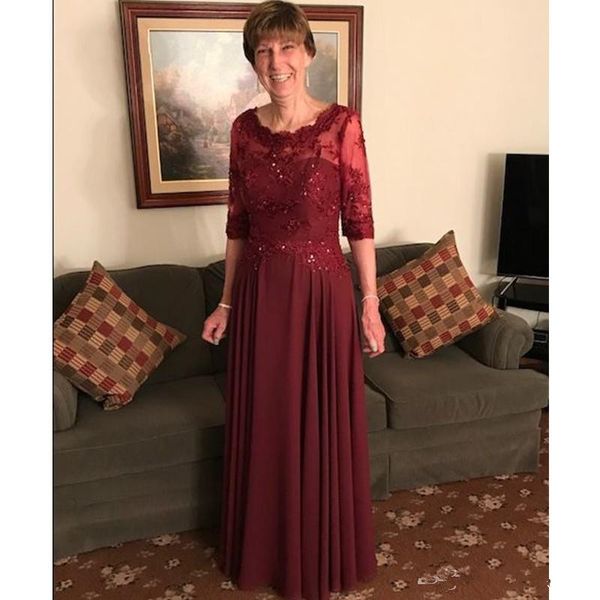 

2019 modest sheer half sleeves mother dresses formal a line appliques sequins chiffon burgundy mother of bride groom dress m23, Black;red