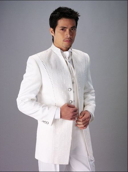 Yeni Gelenler Beyaz Nakış Damat smokin Groomsmen Yaka Sağdıç Blazer Erkek Düğün Suits (Ceket + Pantolon + Vest + Tie) H Standı: 881
