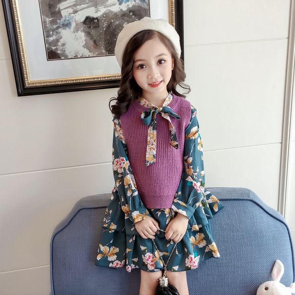 

girls sleeveless knitted sweater children irregular knitted tank kids purple or white autumn winter clothing, Blue
