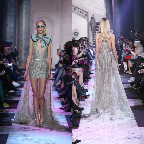 Abiti da ballo Elie Saab Abiti di lusso alti e bassi Paillettes Scollo a V profondo Senza maniche Sweep Train Abito da sera Abiti da festa formali su misura