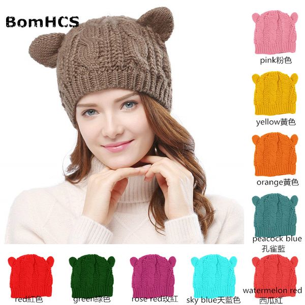 

bomhcs lovely girls cat ears beanie winter women's thick warm hat ear braided knit caps