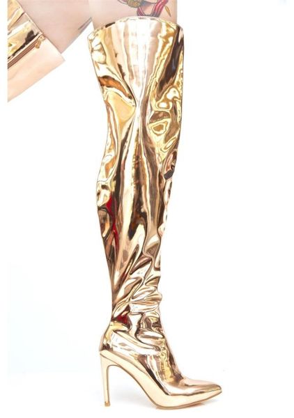 

fashion stilettos silver gold mirror leather metallic boots pointed toe over the knee women boots fashion thigh high booties, Black
