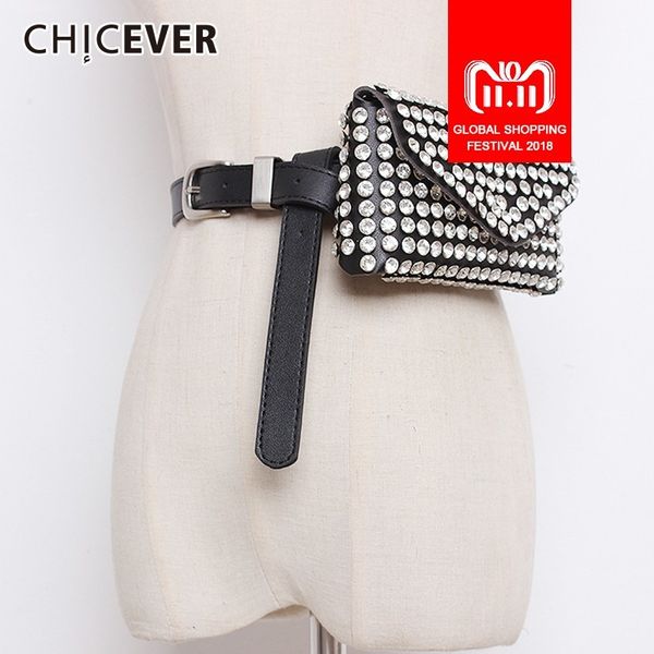 

chicever autumn winter rivet women's belts with bag diamond pu leather belt for women accessories korean fashion tide, Black;brown