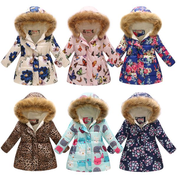 

Горячо!!! 3-10 лет девушки зима хлопка мягкие пальто куртка длинные печатных многоцветный с капюшоном ветрозащитный толстые теплые пиджаки детская одежда 15 цветов